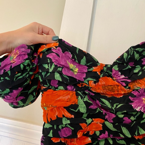 NWT Zara Floral Off Shoulder Puff Sleeve Mini Dress-Ruching - Picture 8 of 10